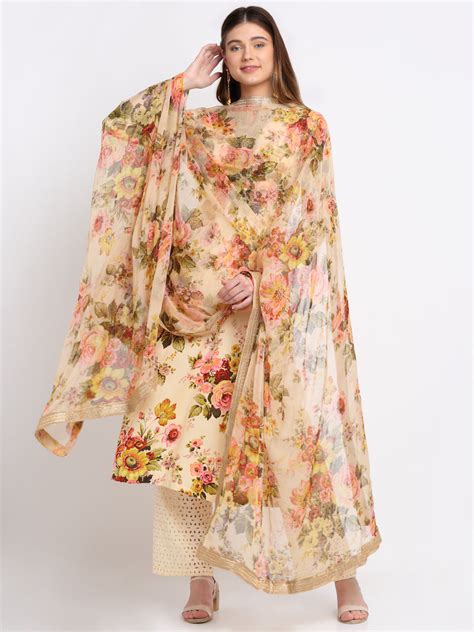 Lemon Vanilla Floral Kurti with Straight Palazzo and Chiffon Dupatta ...