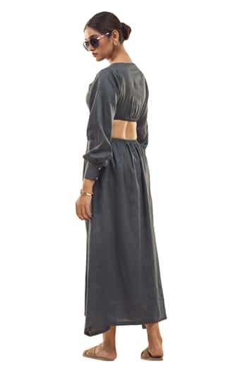 Buy Grey Cotton Satin Embroidery Round Neck Cutout Maxi Dress For Women ...