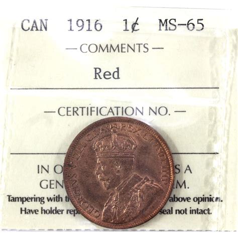 1-cent 1916 ICCS MS65 RED. A near full red coin with even tones throughout