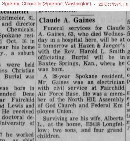 Obituary for Claude A Gaines - Spokane Chronicle Newspaper • FamilySearch
