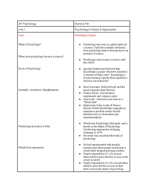 AP Psychology Notes Unit 1 - AP Psychology Name & Per Unit 1 Psychology ...