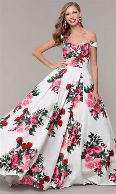 Designer Long Off-the-Shoulder Floral-Print Prom Dress