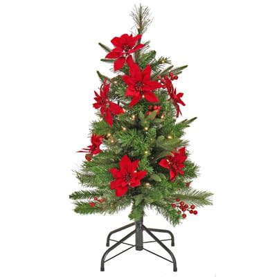 3ft. Pre-Lit Colonial Red Poinsettias Artificial Christmas Tree, Clear ...