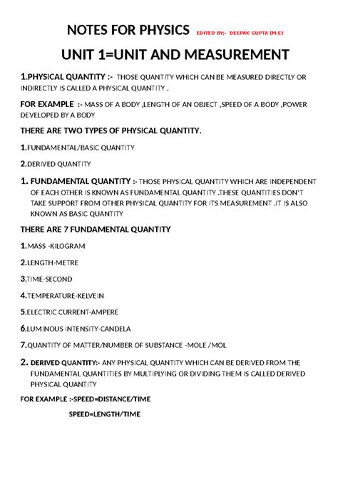 M.E Physics Notes: Unit and Measurement Overview - Studocu