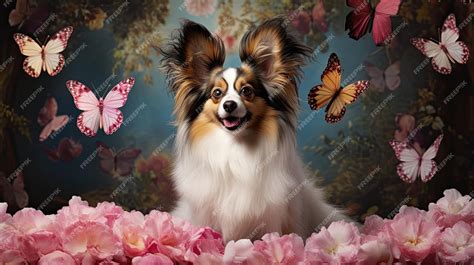 Premium AI Image | a dog with butterflies on his head and a butterfly ...