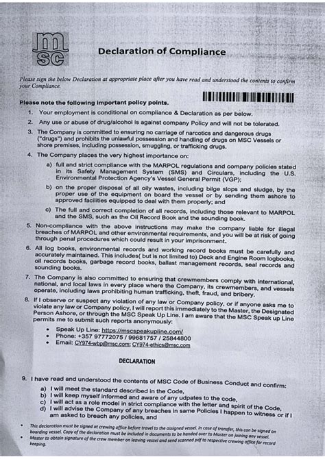 MSC Declaration of Compliance: Acknowledgment and Responsibilities ...