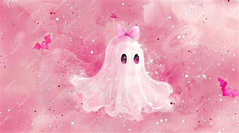 Cute pink ghost with bow and kawaii eyes on a pink background with bats ...