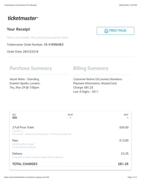 Image result for Ticketmaster Receipt