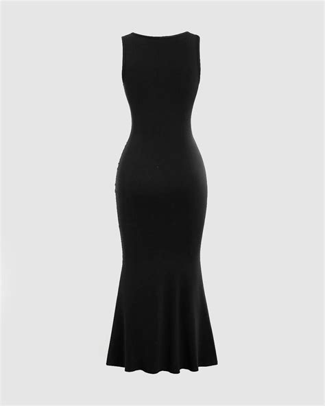 Neckline Pleated Waist Sleeveless Black Dress - Littlebox India