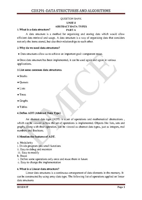 CD3281-DSA - Comprehensive Question Bank with Answers for III SEM IT ...