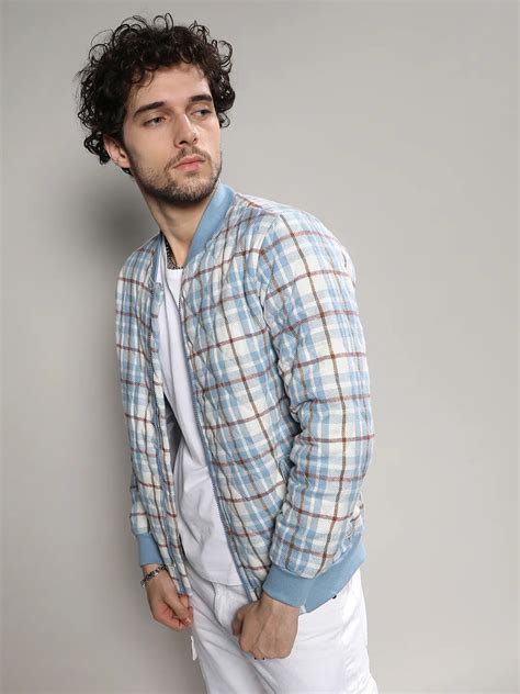 Rs. 2,099 | Campus Sutra Men's Icy Blue & Brown Tartan Plaid Bomber ...