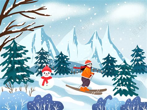 清新扁平化冬季滑雪场滑雪堆雪人插画图片素材免费下载 - 觅知网