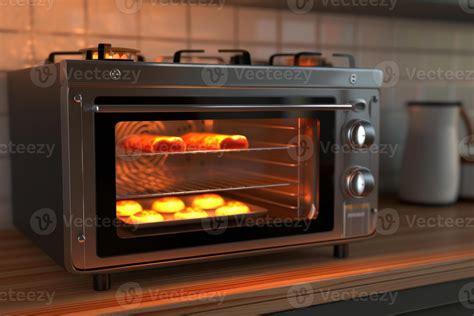 Baking pastries in a countertop oven with warm lighting in a cozy ...