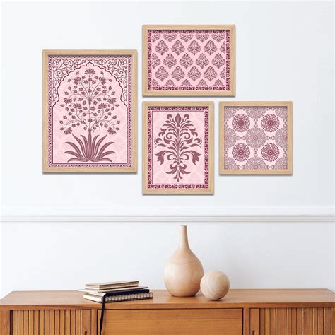 Traditional Flower Pattern with Pink Shade Art Wall Frame Set of Four ...