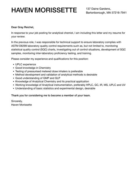 Analytical Chemist Cover Letter | Velvet Jobs
