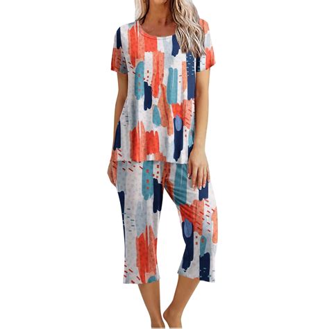 Dyegold Pajama Sets For Women Soft 2 Pieces Outfit Short Sleeve Round ...