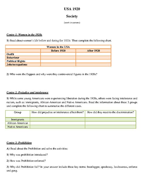 USA 1920 society activity - USA 1920 Society (work in centres) Centre 1 ...