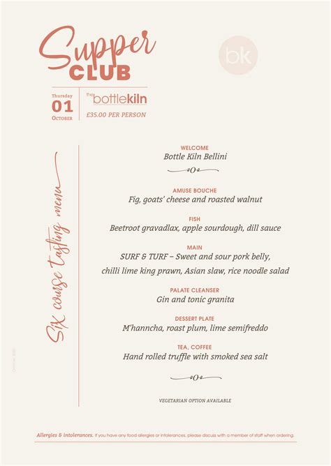 Supper Club – six course tasting menu! — The Bottle Kiln