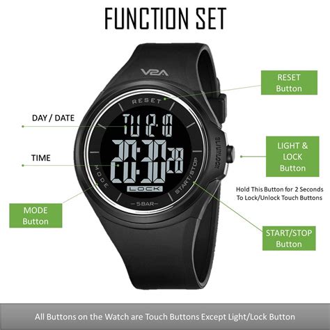 V2A Touch Controls Digital 5ATM Waterproof Unisex Sports Watch (Black ...