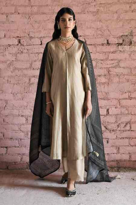 Buy Beige Chanderi Sequins V-neck Solid A-line Kurta Pant Set For Women ...