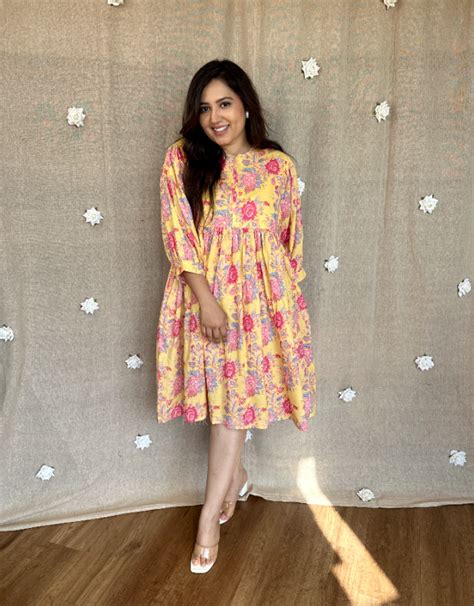 Noozy Jaipuri Sanganeri print short yellow cotton breezy dress with pockets