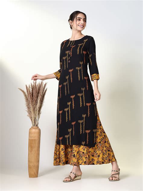 SHOWOFF Women's Floral Black Straight Kurta and Palazzos