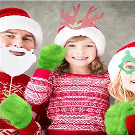 Buy Aunavey Grinch Beard Santa Hat with Green Furry Gloves for Adult ...