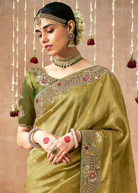 Shop Handloom Banarasi Tissue Silk Mehendi Green Saree USA Online – Sunasa
