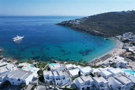 An aerial view of the stunningly picturesque Greek island of Mykonos ...