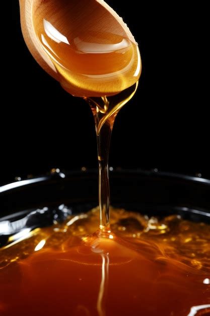 Honey spoon dripping into aromatic tea cup creating beautiful patterns ...