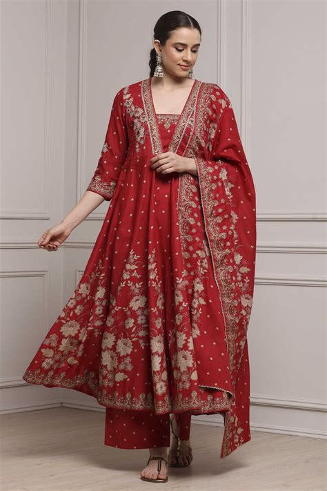 Buy Red Cotton Floral Printed Anarkali Suit Set Online at Biba India