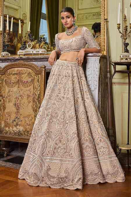 Buy Beige Blouse And Lehenga Raw Silk & Dupatta Sequin Bridal Set For ...