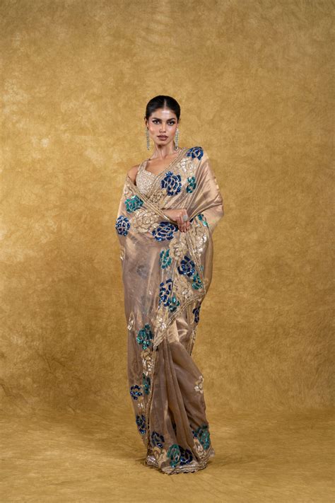 Taupe Gold Tissue Organza Saree with Sequin Floral Embroidery | Buy ...