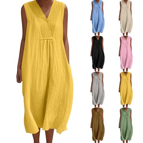 Feancey Womens Linen Tank Dress Loose Fit Casual Summer Maxi Dresses ...