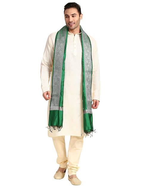 Buy DUPATTA BAZAAR Men's Green & Silver Banarasi Silk Dupatta for Kurta ...