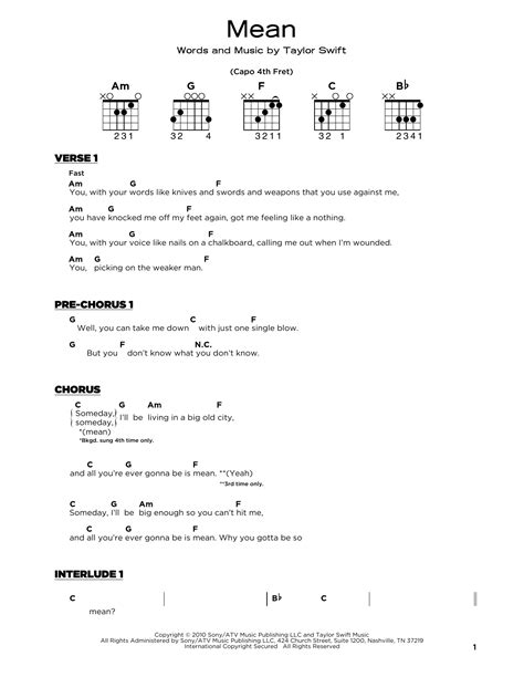 Taylor Swift Mean Guitar Chords