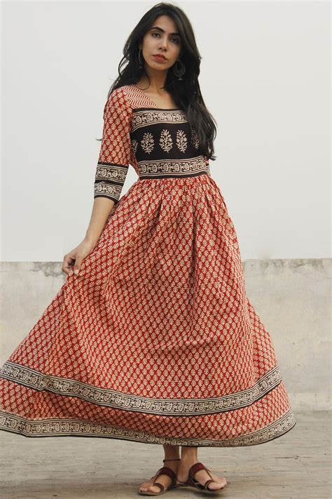Naaz Red Ivory Black Long Hand Block Cotton Dress With Lining - DS44F0 ...