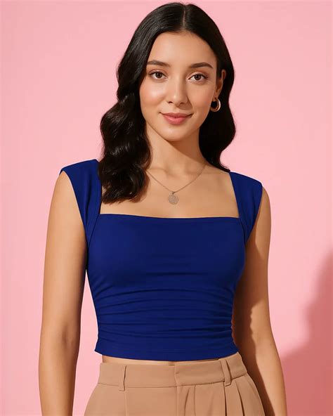 Surf Blue Square Neck Ruched Crop Top - Littlebox India