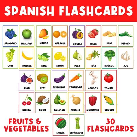 SPANISH FLASHCARDS | Fruits and Vegetables | Preschool Flash Cards ...