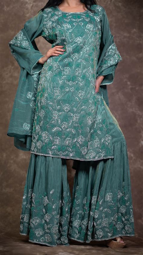 Turquoise Hand Embroidered Garara Suit Set