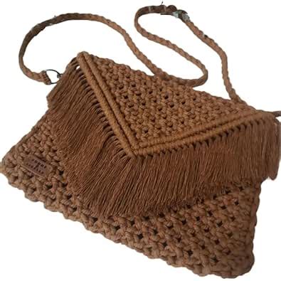 Buy Handmade Macrame Crossbody Bag, Brown Crochet Handbag with Fringe ...