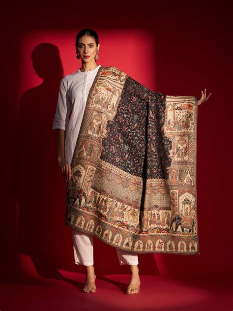 Kani Weave Woven Shawl for Women in Royal Mughal Patterns | Black ...