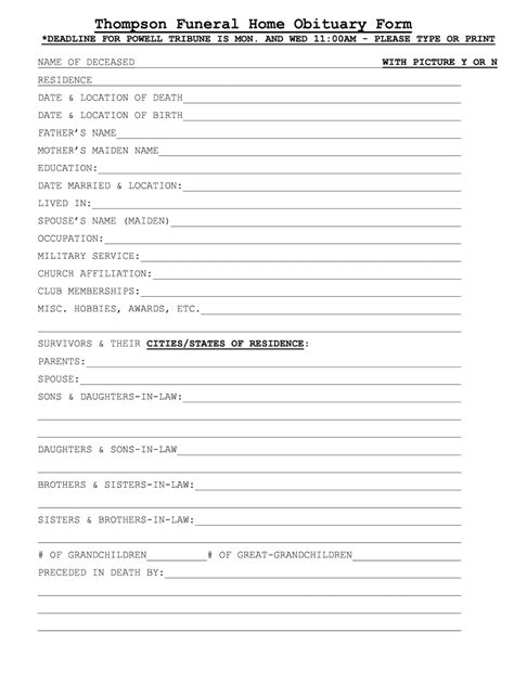Fillable Online thompsonfuneral Thompson Funeral Home Obituary Form Fax ...