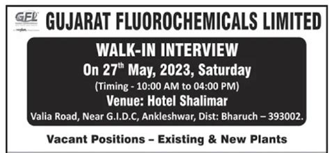 Gujarat Fluorochemicals Limited Walk in interview 27th May 2023 for ...