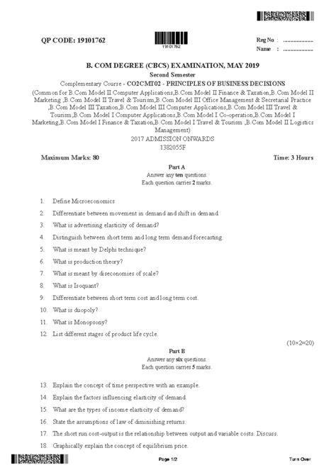 Principles OF Business Decisions 2019 - QP CODE: 19101762 Reg No ...