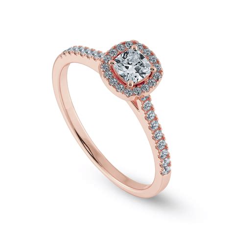 0.30cts. Cushion Cut Solitaire Halo Diamond Shank 18K Rose Gold Ring J ...