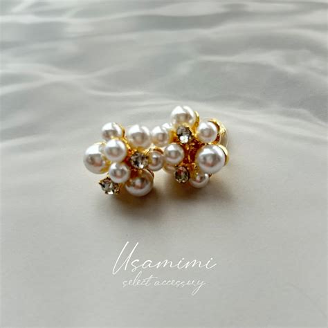 #E40 Line stone pearl pierce | usamimi accessory store