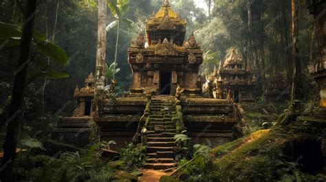 Premium Photo | A temple in the jungle with a jungle background