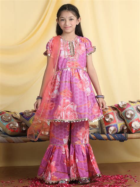 Cutiekins Girls Floral Print Empire Gota Patti Kurta & Sharara With Du