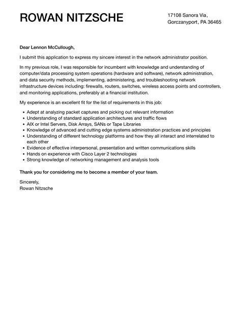 Network Administrator Cover Letter | Velvet Jobs